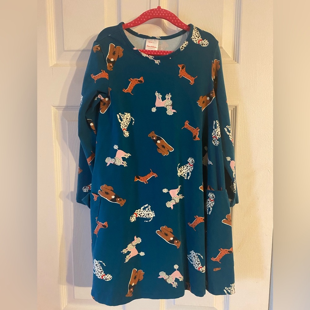 Hanna Andersson Teal Dress with Brown, White, Pink & Orange Dog Print